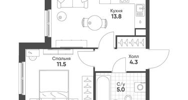 1-к. квартира, 34&nbsp;м²