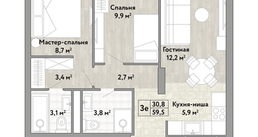 2-к. квартира, 59&nbsp;м²