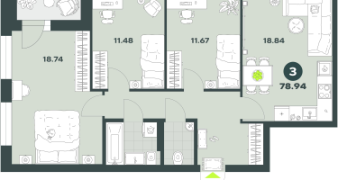 3-к. квартира, 78 м²