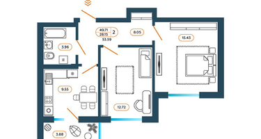 2-к. квартира, 53&nbsp;м²