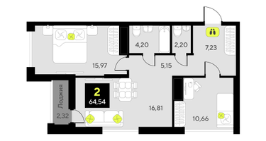 2-к. квартира, 64 м²