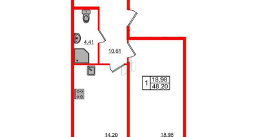 1-к. квартира, 48&nbsp;м²