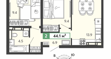 2-к. квартира, 44&nbsp;м²