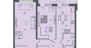 2-к. квартира, 57&nbsp;м²