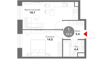 1-к. квартира, 43&nbsp;м²