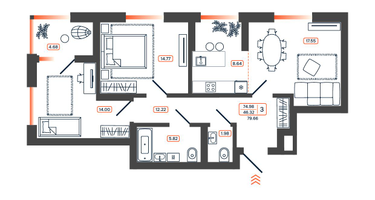 3-к. квартира, 79&nbsp;м²