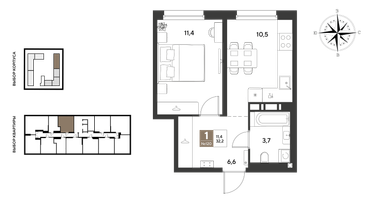 1-к. квартира, 32&nbsp;м²