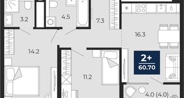 2-к. квартира, 60&nbsp;м²