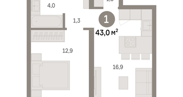 1-к. квартира, 43 м²