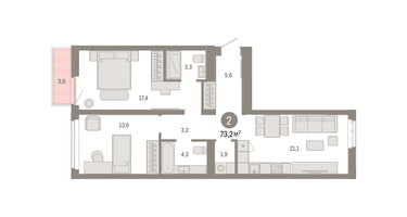 2-к. квартира, 73 м²