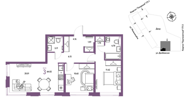 3-к. квартира, 64 м²