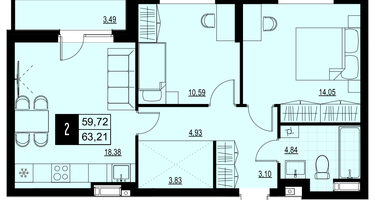 2-к. квартира, 61 м²