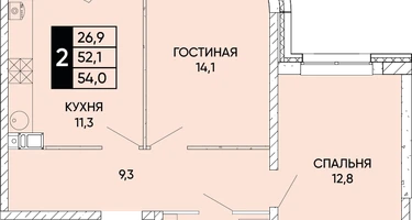 2-к. квартира, 54&nbsp;м²