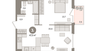 1-к. квартира, 47&nbsp;м²