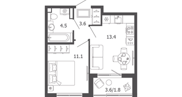 1-к. квартира, 34&nbsp;м²