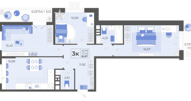 3-к. квартира, 77&nbsp;м²