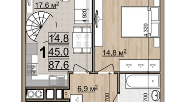 1-к. квартира, 87&nbsp;м²