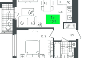 1-к. квартира, 40&nbsp;м²