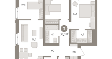 3-к. квартира, 88&nbsp;м²
