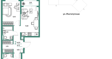 2-к. квартира, 63 м²
