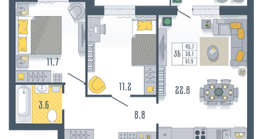 3-к. квартира, 61&nbsp;м²