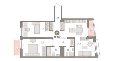 2-к. квартира, 80 м²