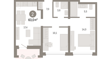 2-к. квартира, 62 м²