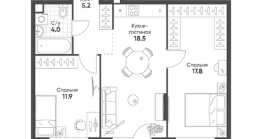 2-к. квартира, 57&nbsp;м²