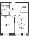 1-к. квартира, 39&nbsp;м²