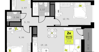 2-к. квартира, 59&nbsp;м²