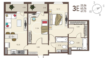 2-к. квартира, 67&nbsp;м²