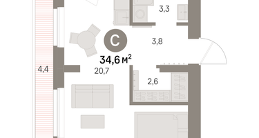 Студия, 34&nbsp;м²
