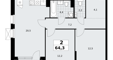 2-к. квартира, 64&nbsp;м²
