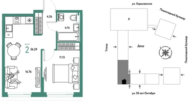 2-к. квартира, 36&nbsp;м²