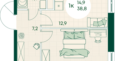 1-к. квартира, 38&nbsp;м²