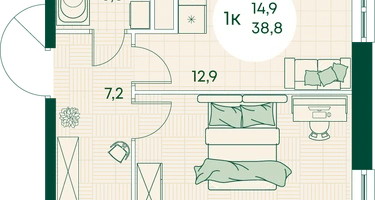 1-к. квартира, 38&nbsp;м²