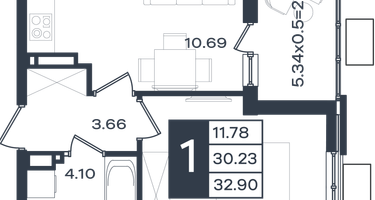 1-к. квартира, 32 м²