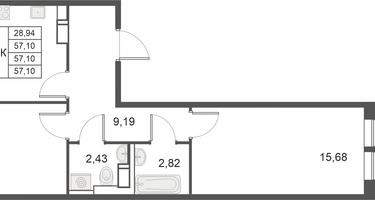 2-к. квартира, 57&nbsp;м²