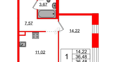 1-к. квартира, 36&nbsp;м²