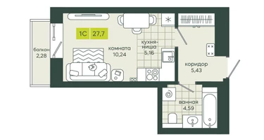 1-к. квартира, 27&nbsp;м²
