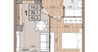 1-к. квартира, 42&nbsp;м²