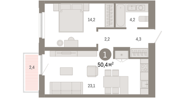 1-к. квартира, 50&nbsp;м²