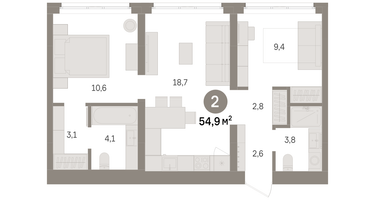 2-к. квартира, 54 м²