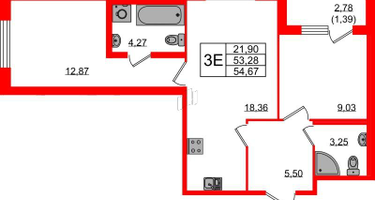 2-к. квартира, 54&nbsp;м²