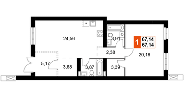 1-к. квартира, 67&nbsp;м²