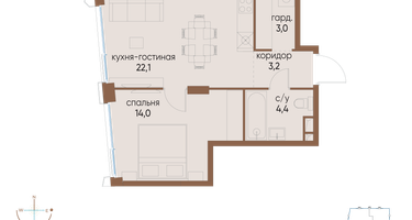 1-к. квартира, 46 м²