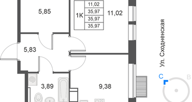 1-к. квартира, 35 м²
