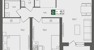 2-к. квартира, 67 м²