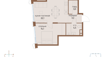 1-к. квартира, 46 м²