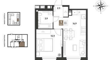 1-к. квартира, 34 м²